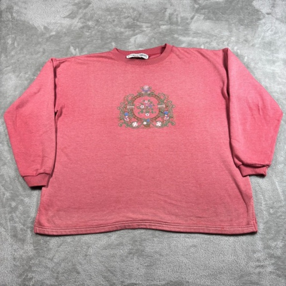 Vintage Floral Sweatshirt Womens Medium Pink 90s flowers Granny Cottage Grandma